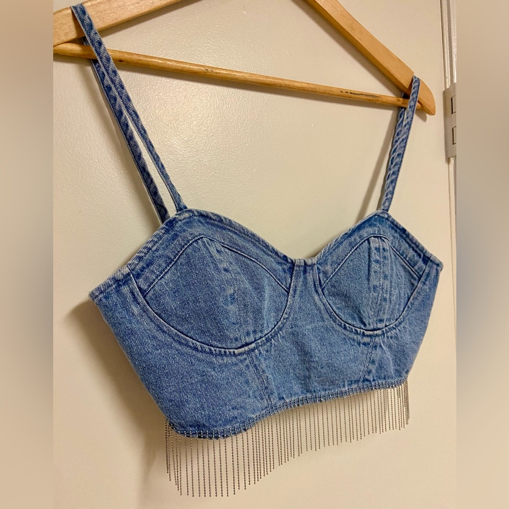 Divided Blue Denim Bustier Crop Top with Chain Fringe